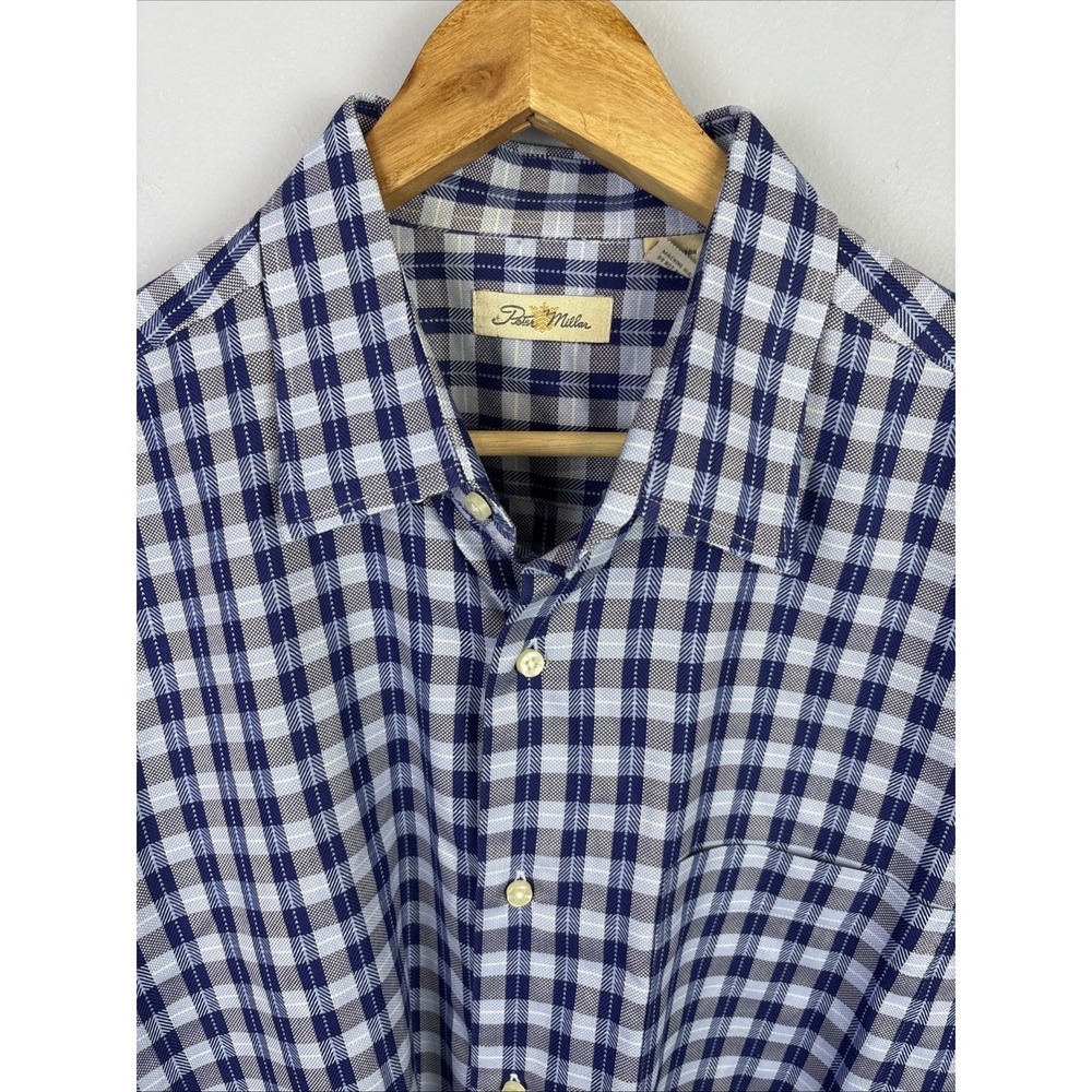 Vintage Peter Millar XXL Long Sleeve Button Up Shirt Blue Gingham Plaid Preppy